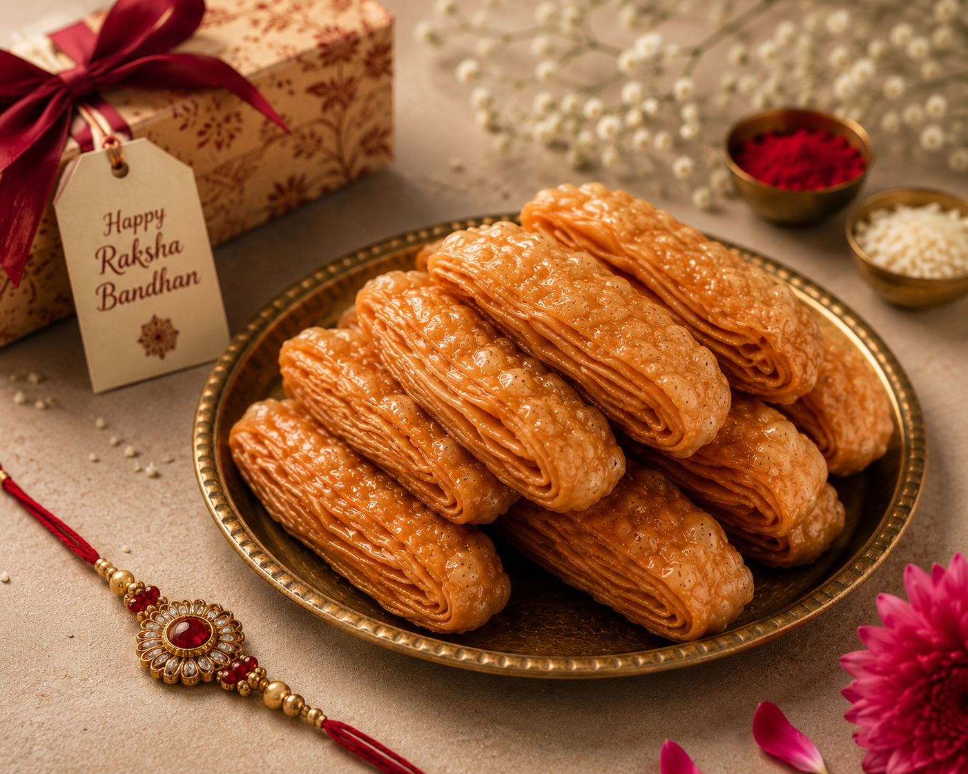 Raksha Bandhan Odisha Special – 5 Rakhis + 250g Odia Khaja Combo