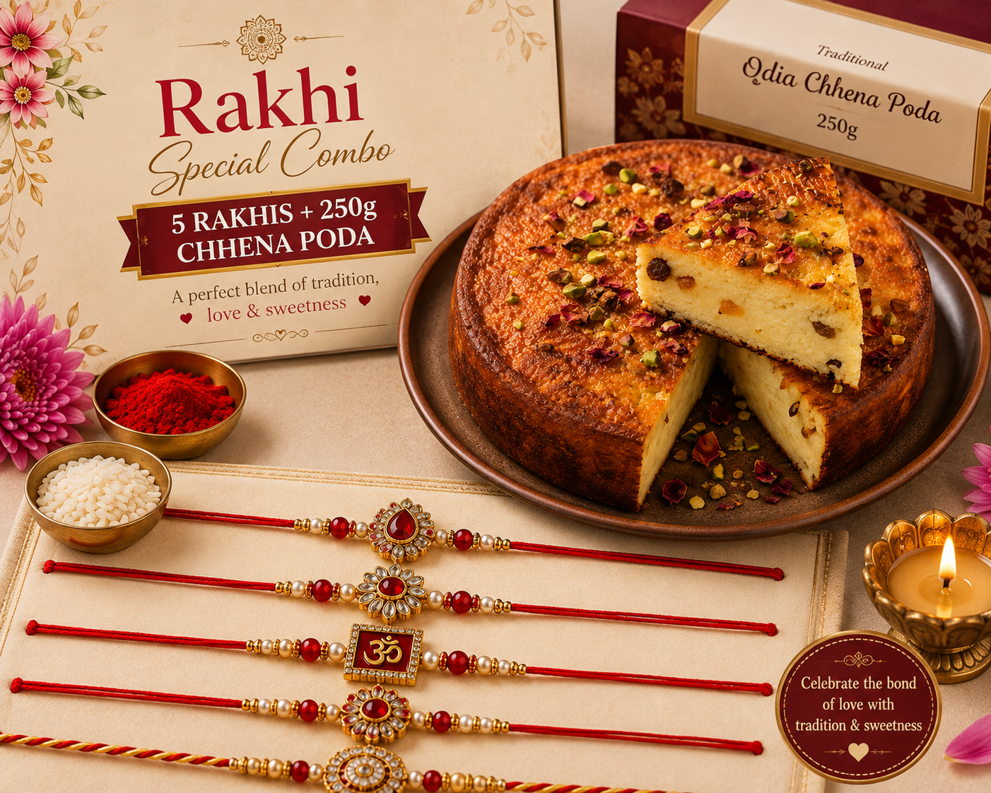 Raksha Bandhan Odisha Special – 5 Rakhis + 250g Chhena Poda Combo